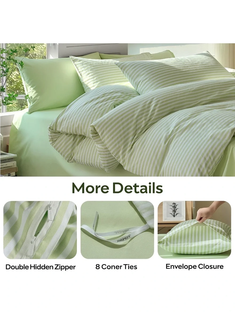 NEW JELLYMONI 100% Cotton Printed Striped Duvet Cover Set with Zipper & 8 ties